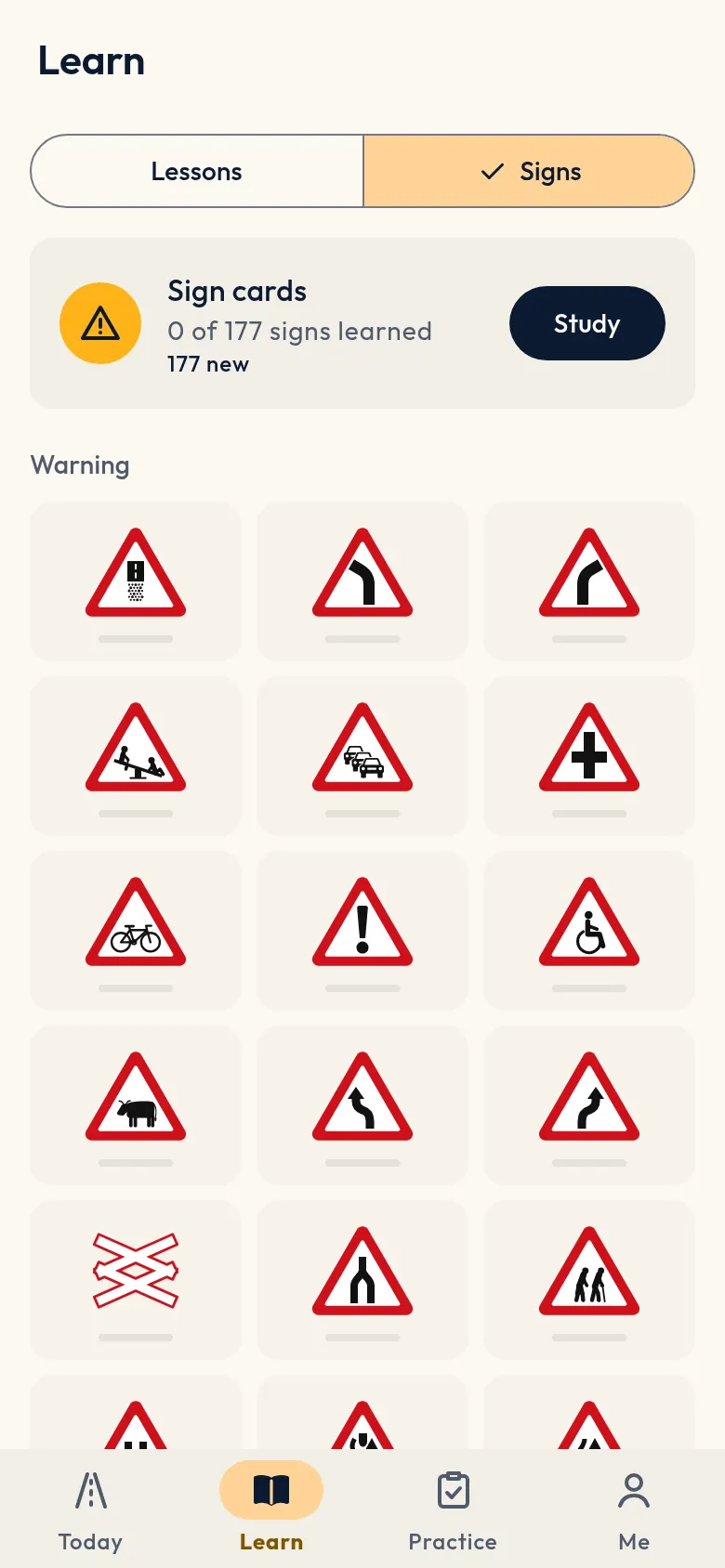 The sign album in Drivet, with warning signs in a grid.