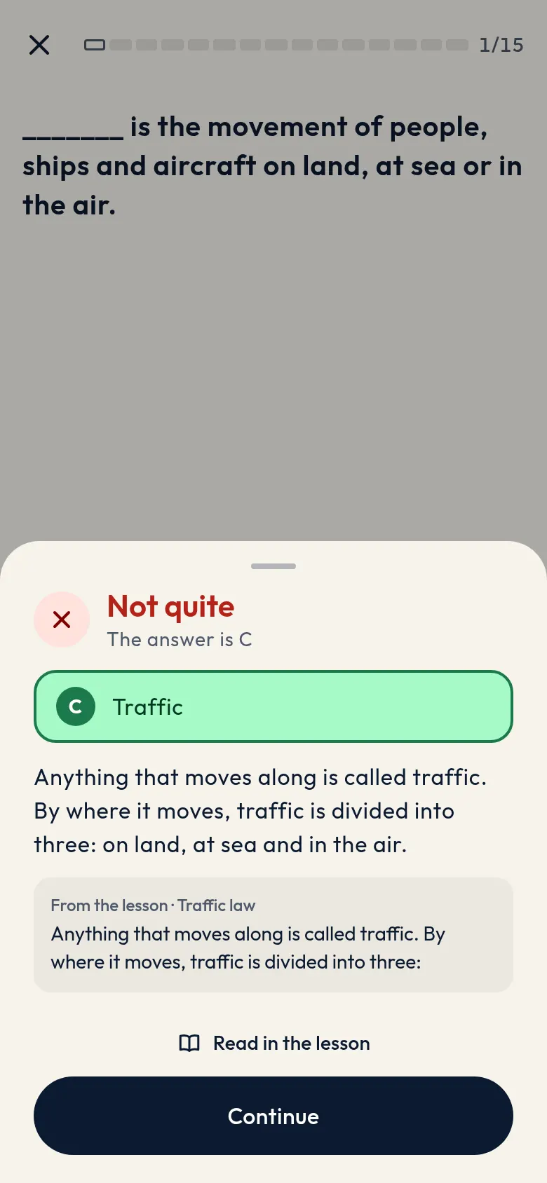 After a wrong answer, Drivet shows the right one, its explanation and the lesson it comes from.