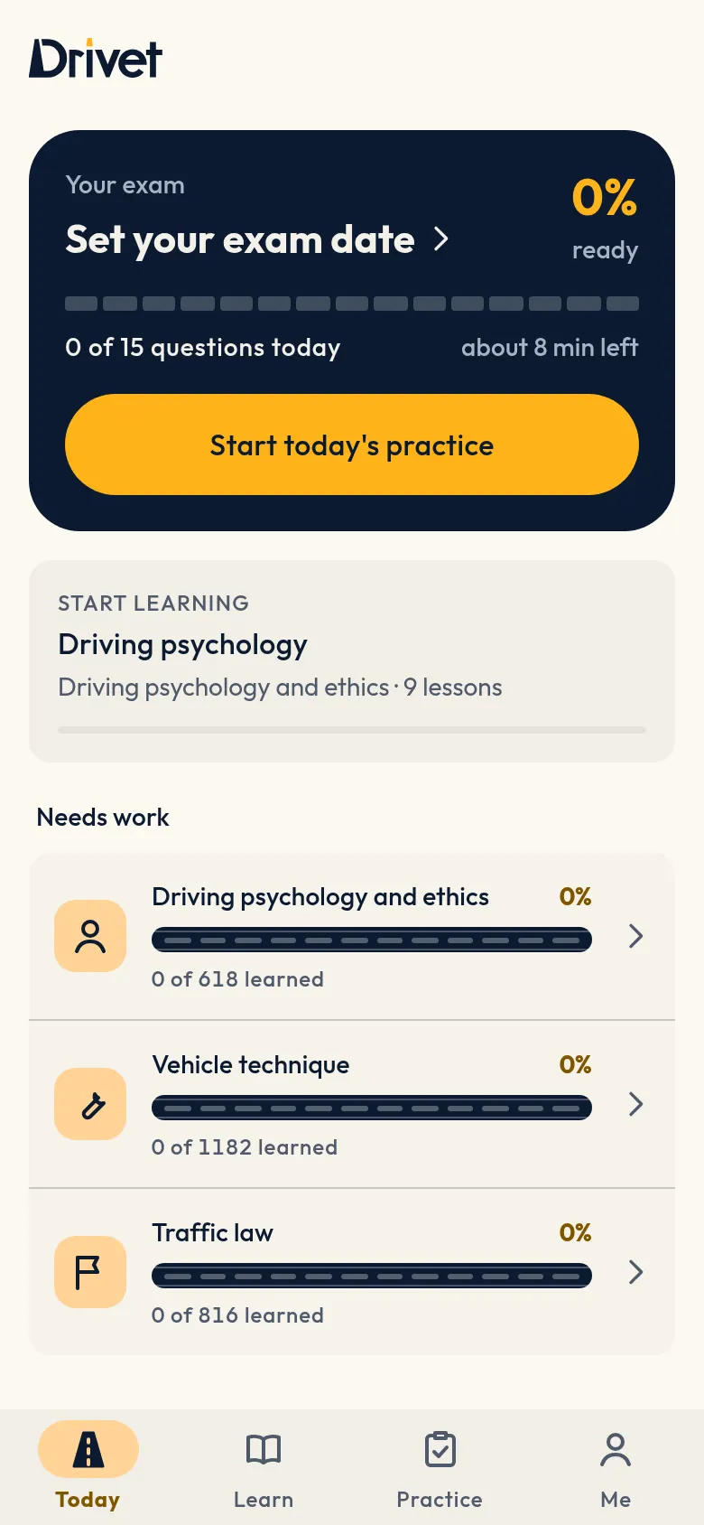 Drivet's Today screen: your exam, today's 15 questions and what needs work.